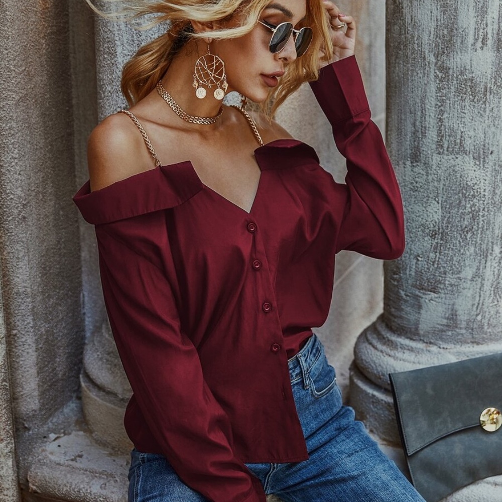 Boho chic button down cold shoulder top green - Picture 12 of 12